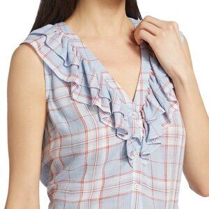 NWT Veronica Beard Leina Ruffle Neck Sleeveless Shirt Vapor Multi Blue Plaid S